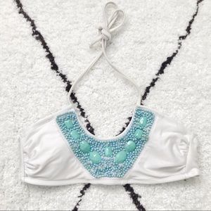 Turquoise beaded white bikini top